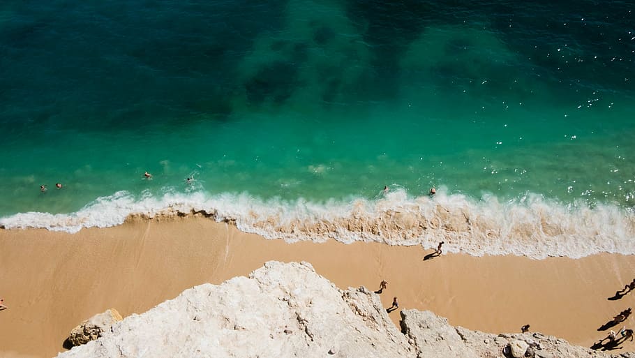 bird's eye view of seashore, aerial photo of people on sands near shoreline HD wallpaper