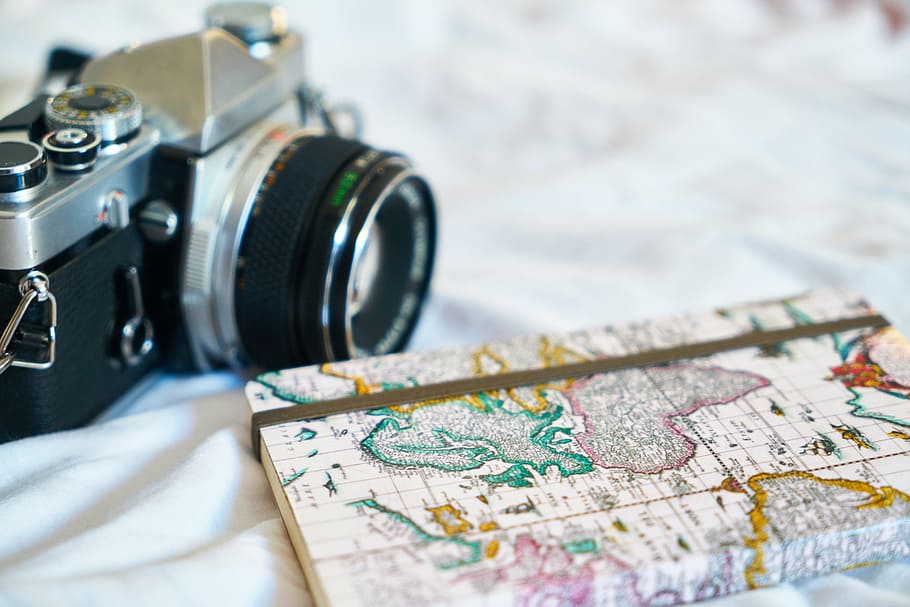 map notebook beside silver bridge camera, old, holiday, toys hobbies, HD wallpaper