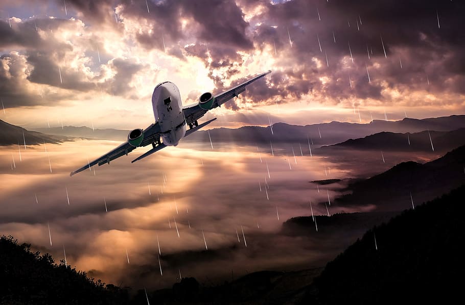 aircraft, flight, landscape, clouds, rain, lighting, shiver