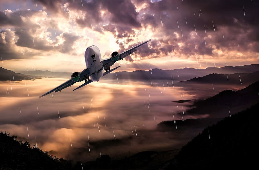 aircraft, flight, landscape, clouds, rain, lighting, shiver HD wallpaper