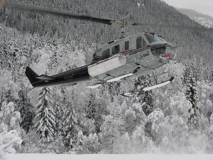 helicopter, snow, mountain, canada, winter, mode of transportation HD wallpaper