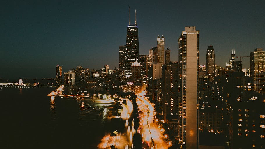 lighted city buildings, high-rise buildings photo, architecture HD wallpaper
