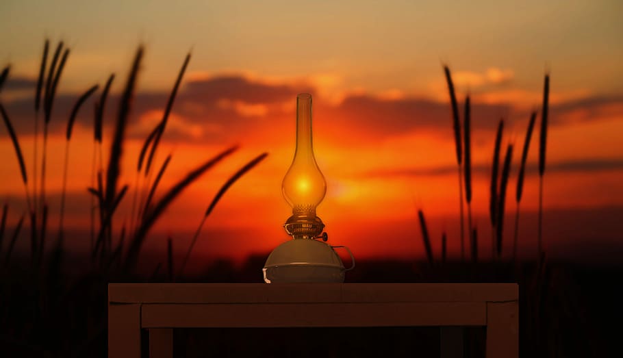 white base kerosene heater on white table, sunset, lamp, light HD wallpaper