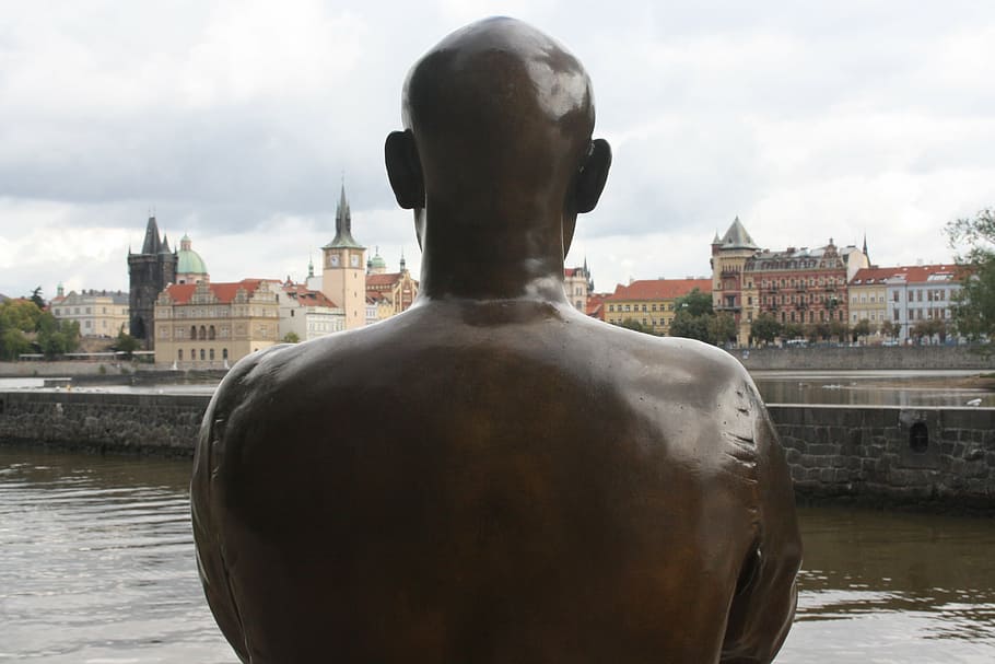 prague, statue, shoulders, rear view, architecture, city, one person HD wallpaper