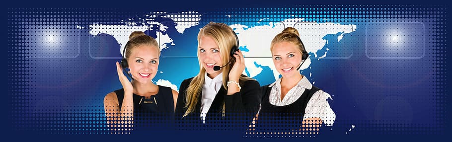 three women with headset, call center, woman, service, consulting