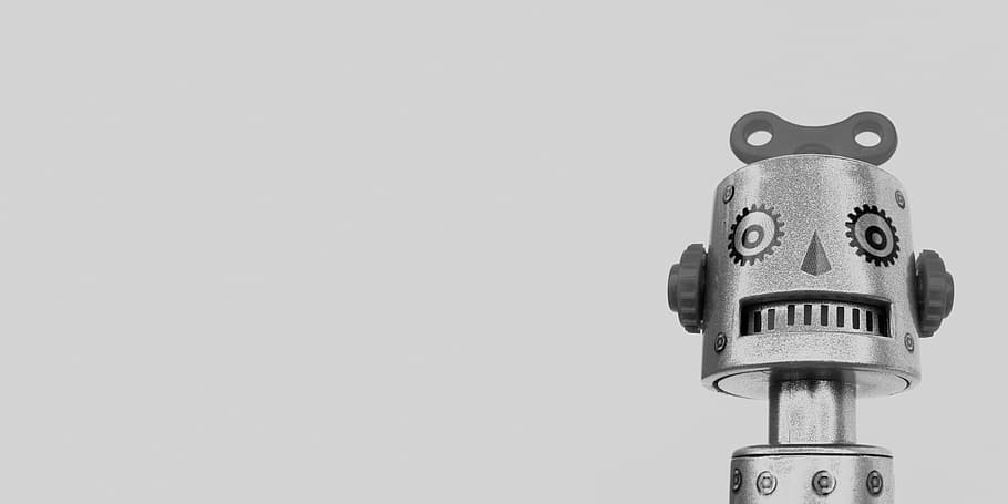 grayscale photo of robot, toy, grey, first, plane, copy space HD wallpaper