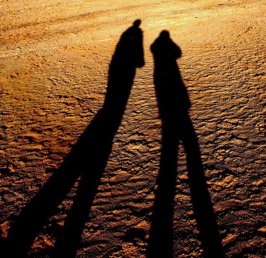 silhouette of two people, beach, sunset, shadows, ocean, sea HD wallpaper