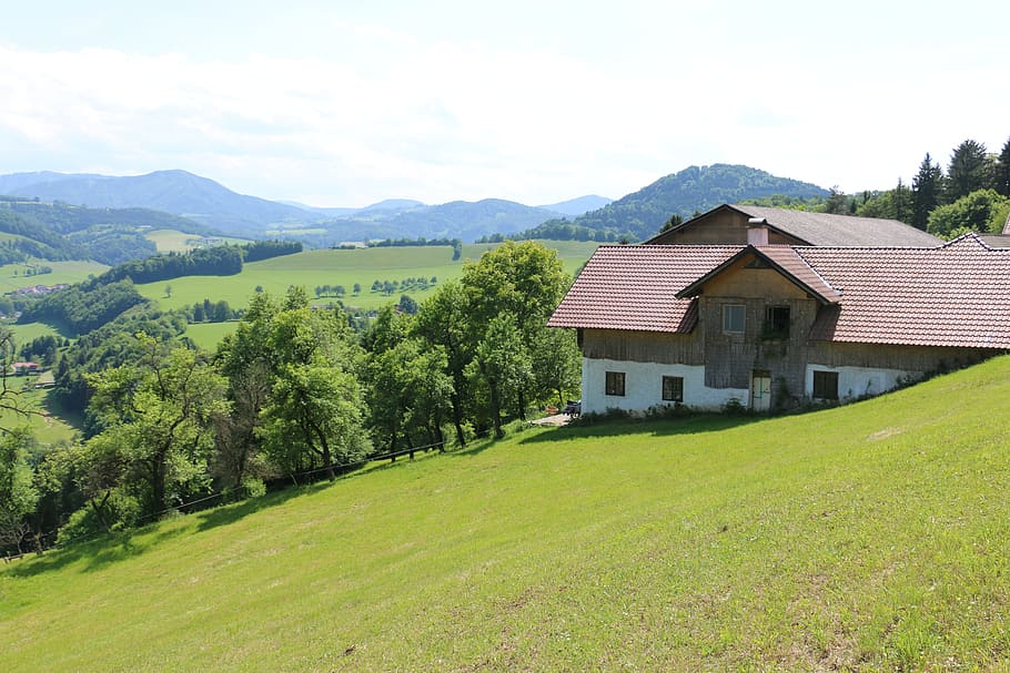 Austria, Mountains, Alm, Hut, sky, summer, mountain hut, landscape HD wallpaper