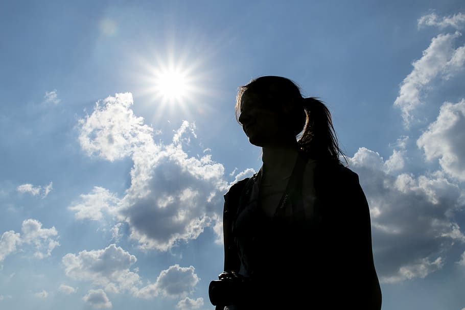 sun, sky, clouds, rays, light, summer, blue, silhouette, woman HD wallpaper