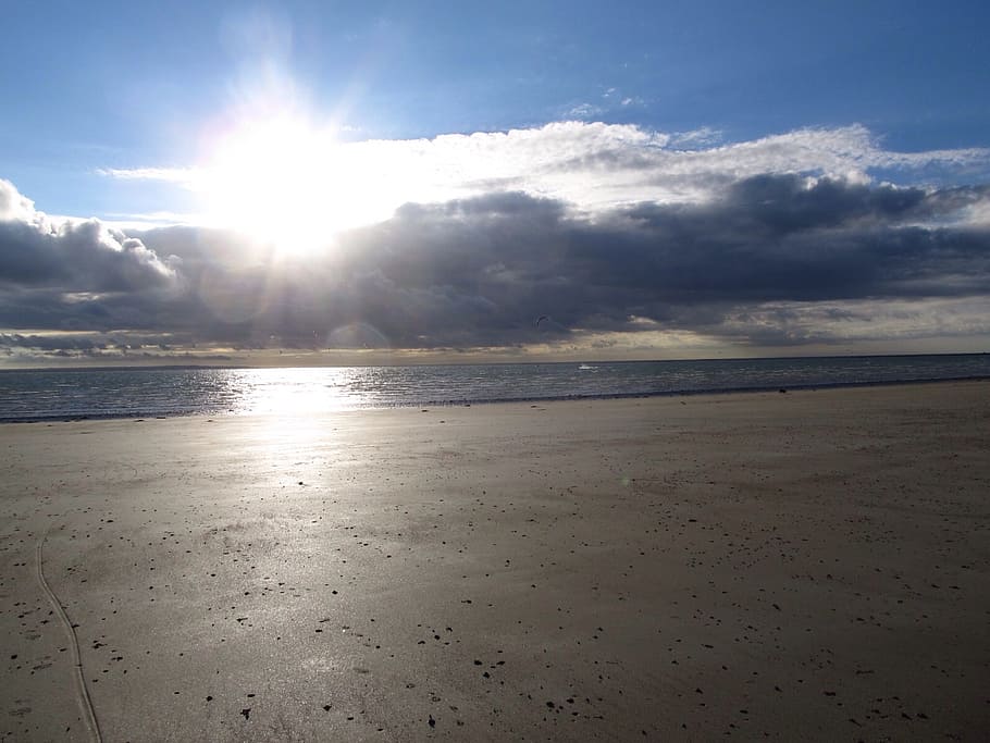 sun, sea, beach, sky, abendstimmung, sunbeam, back light, water HD wallpaper