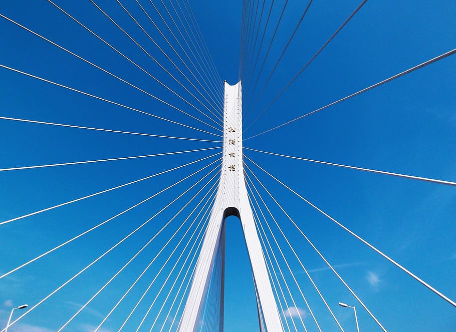 bridge, blue sky, cable, transportation, architecture, built structure HD wallpaper