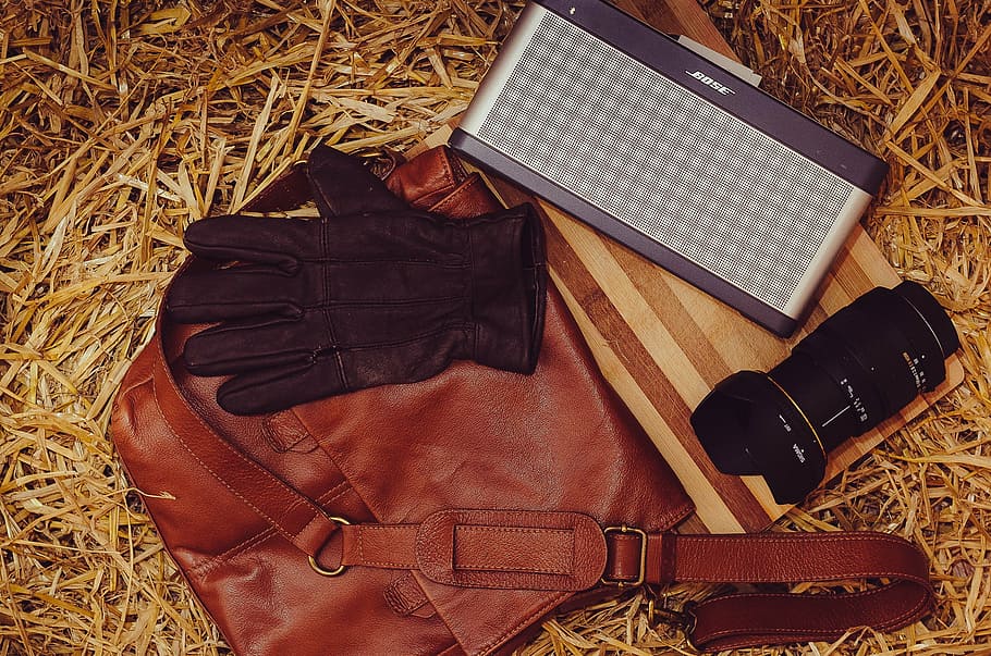 bag, bose, camera, gloves, leather, lens, sling bag, speaker