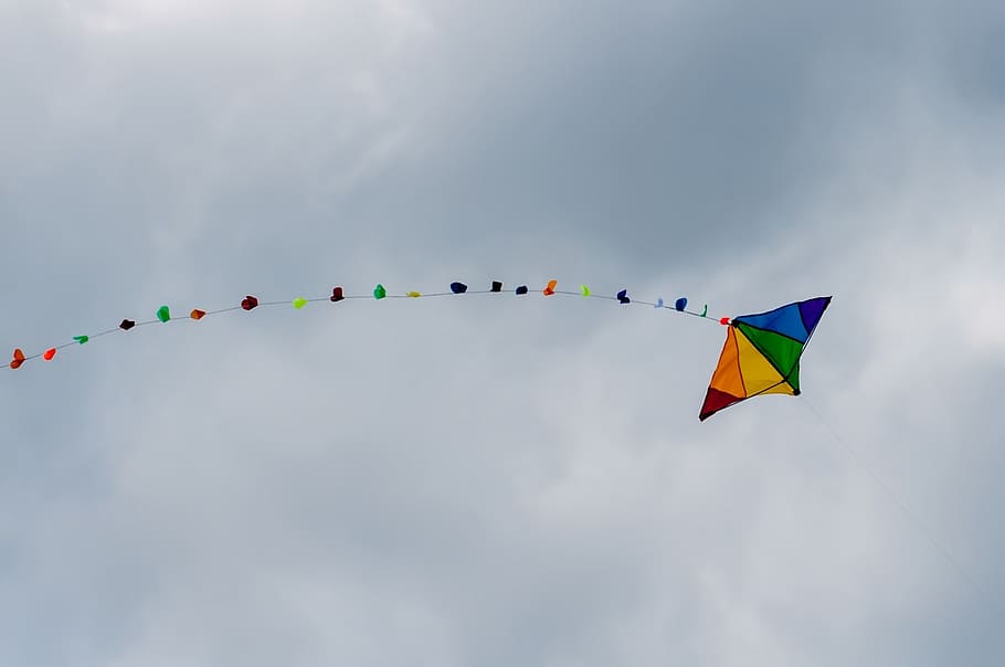 kite on air, sky, rainbow, colors, sport, fun, fly, flying HD wallpaper