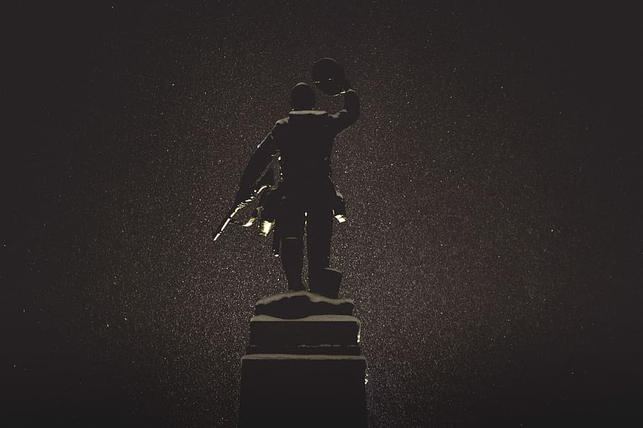 silhouette of statue against black background, statue of a man holding his hat, HD wallpaper