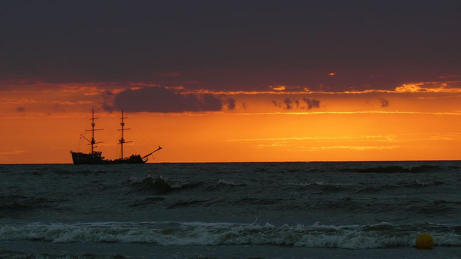 sea, sunset, holidays, sky, water, nautical vessel, orange color HD wallpaper