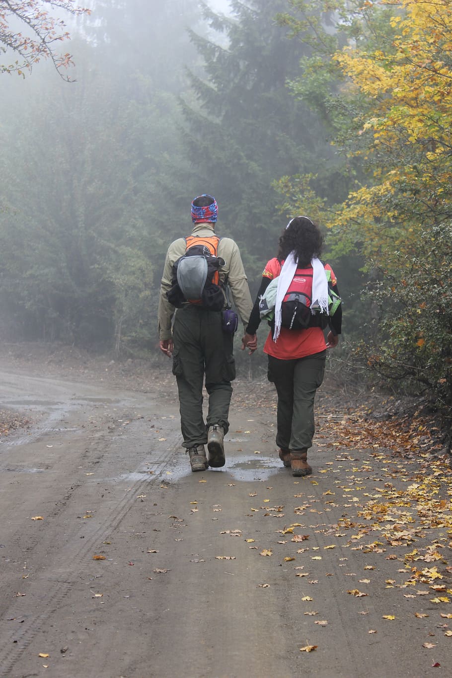 woman holding hands with man on road, people, walking, travel