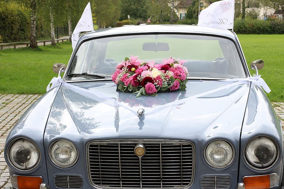 wedding, romantic, celebration, marry, flowers, auto, jaguar HD wallpaper