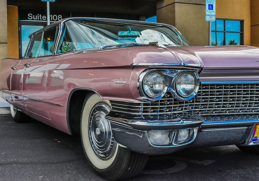 pink classic car parked near concrete building, closeup photo of classic pink sedan parking near Suite 108 HD wallpaper