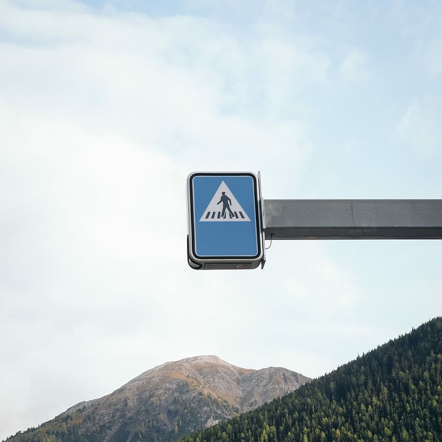 zebra crossing, pedestrian road sign at daytime, pavement, mountain HD wallpaper