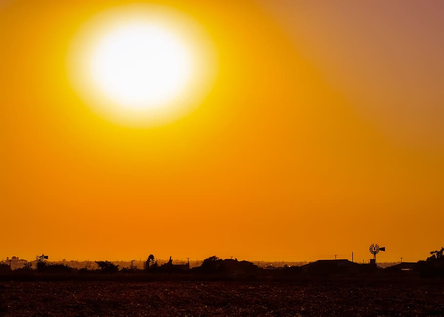 sun, sunset, plateau, evening, scenery, shadows, horizon, windmills HD wallpaper