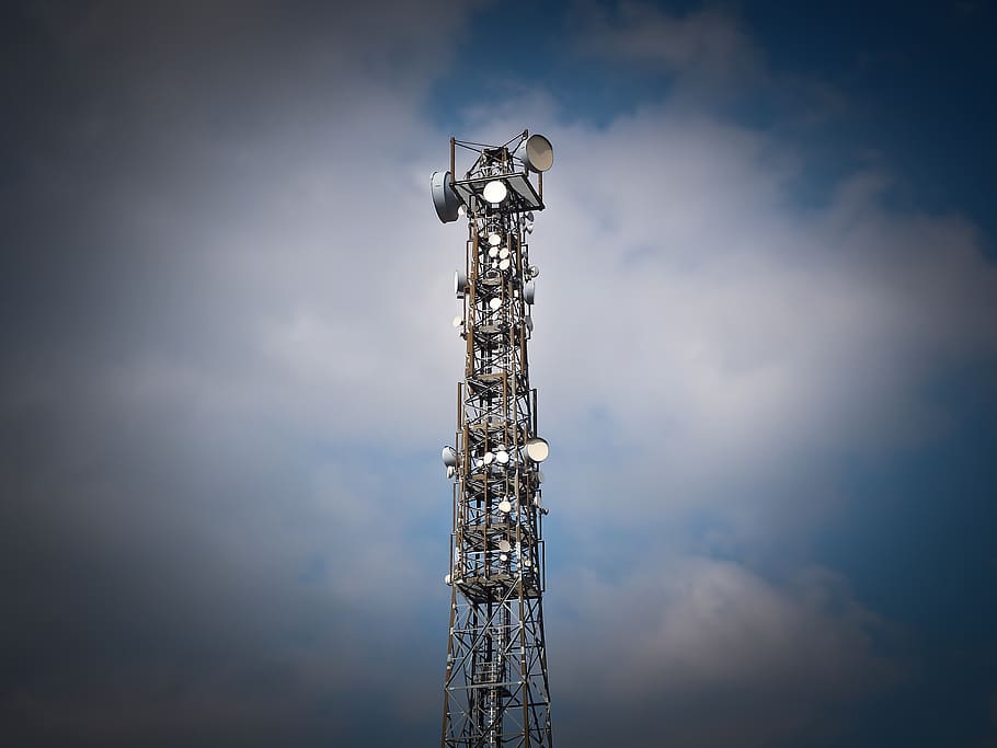 satellite tower with clouds background, radio tower, antenna, HD wallpaper