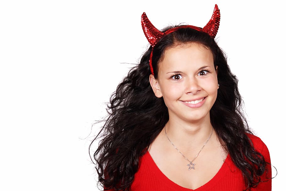 woman wearing red devil Alice band, costume, demon, face, female HD wallpaper