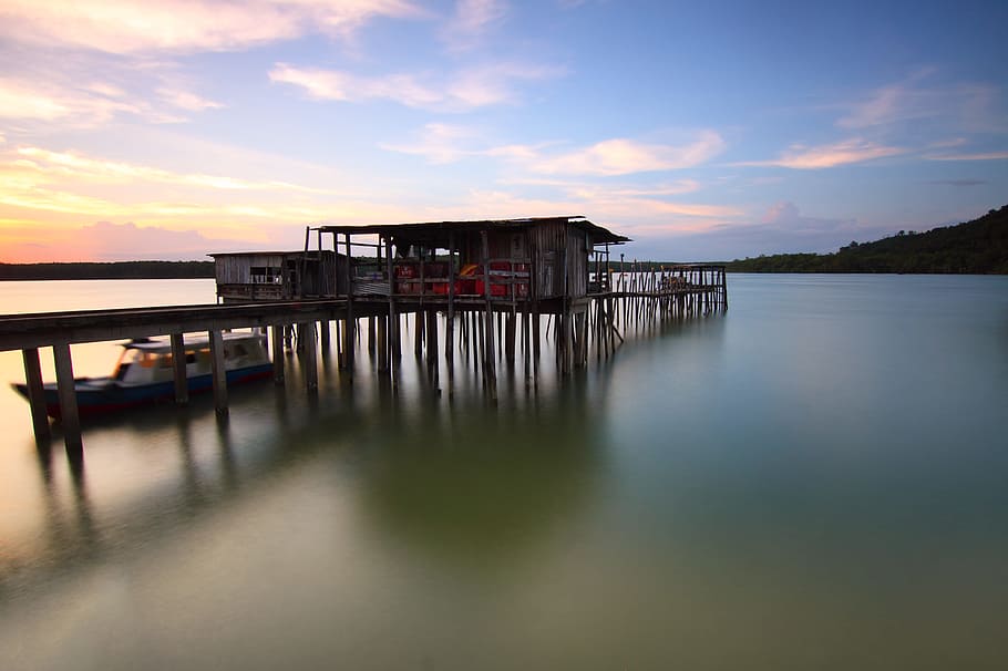 jetty, sea, dawn, landscape, beach, boat, clouds, dock, house HD wallpaper