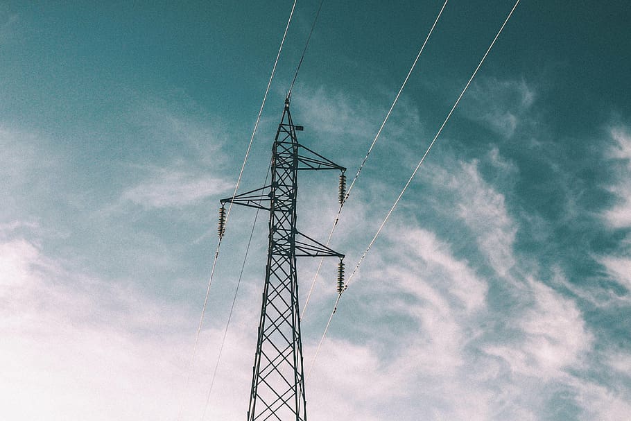 black utility pole under clear blue sky, electric, post, power lines HD wallpaper