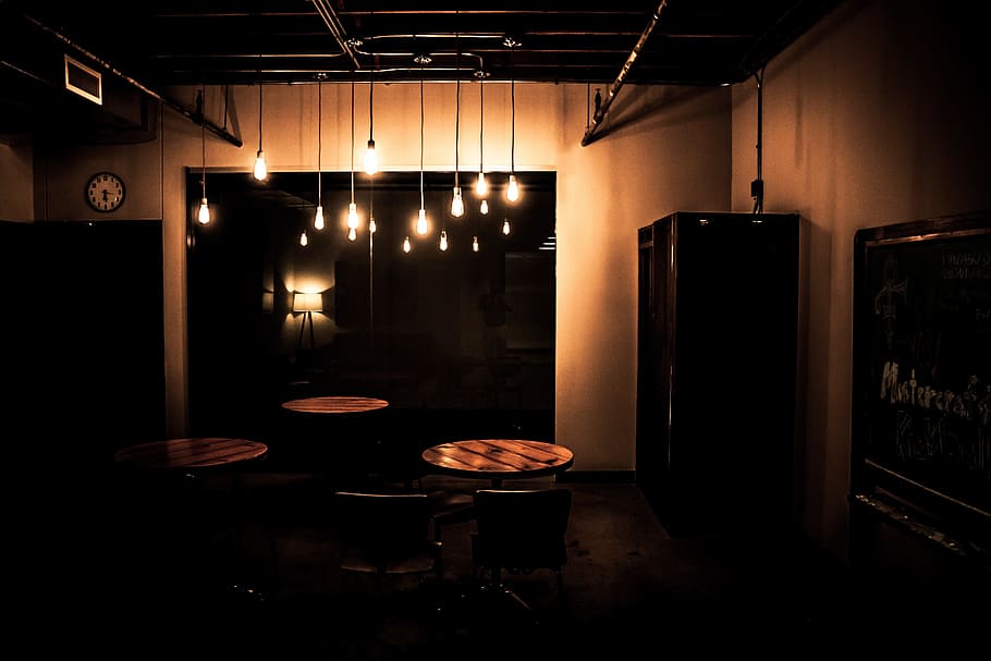 dark, room, lights, lamp, table, shelf, furniture, wall, indoors HD wallpaper