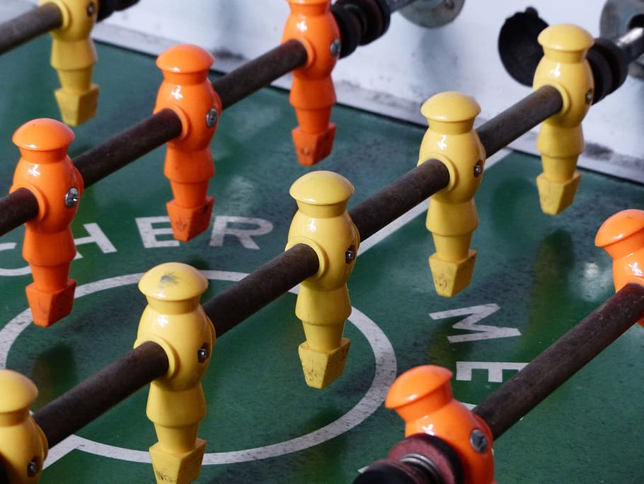 close-up photo of orange and brown foosball table, Table Football, HD wallpaper