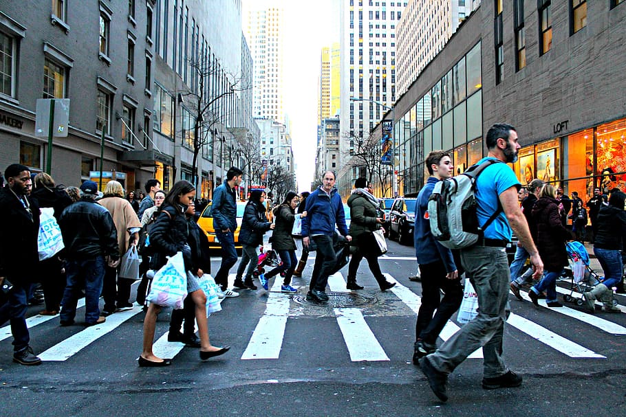 peoples crossing on street, pedestrian, man, woman, structure, HD wallpaper