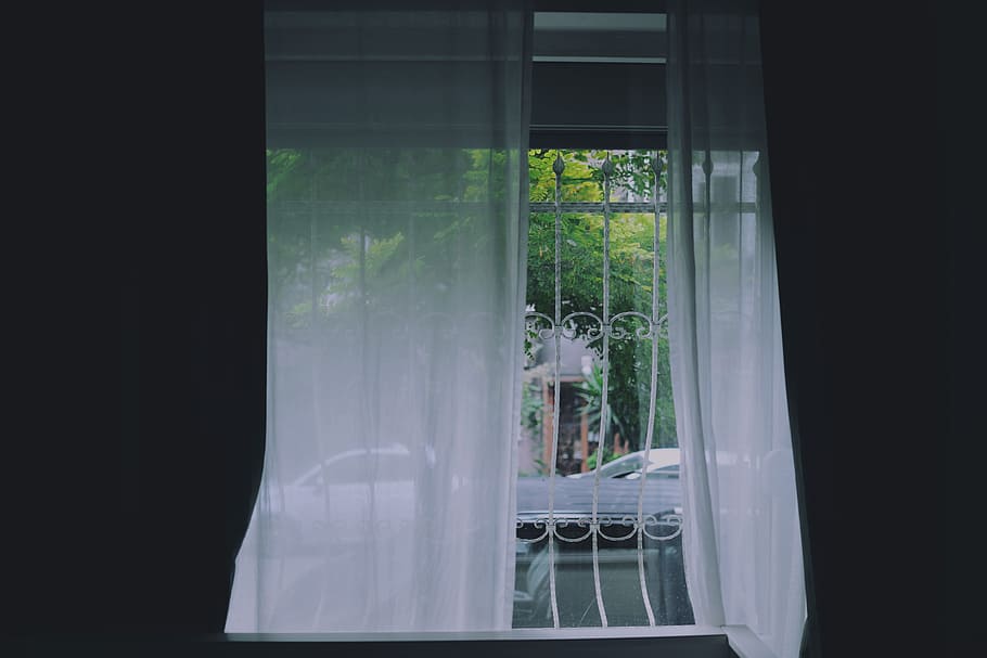 white curtain on white metal window, white curtain beside white window grille HD wallpaper