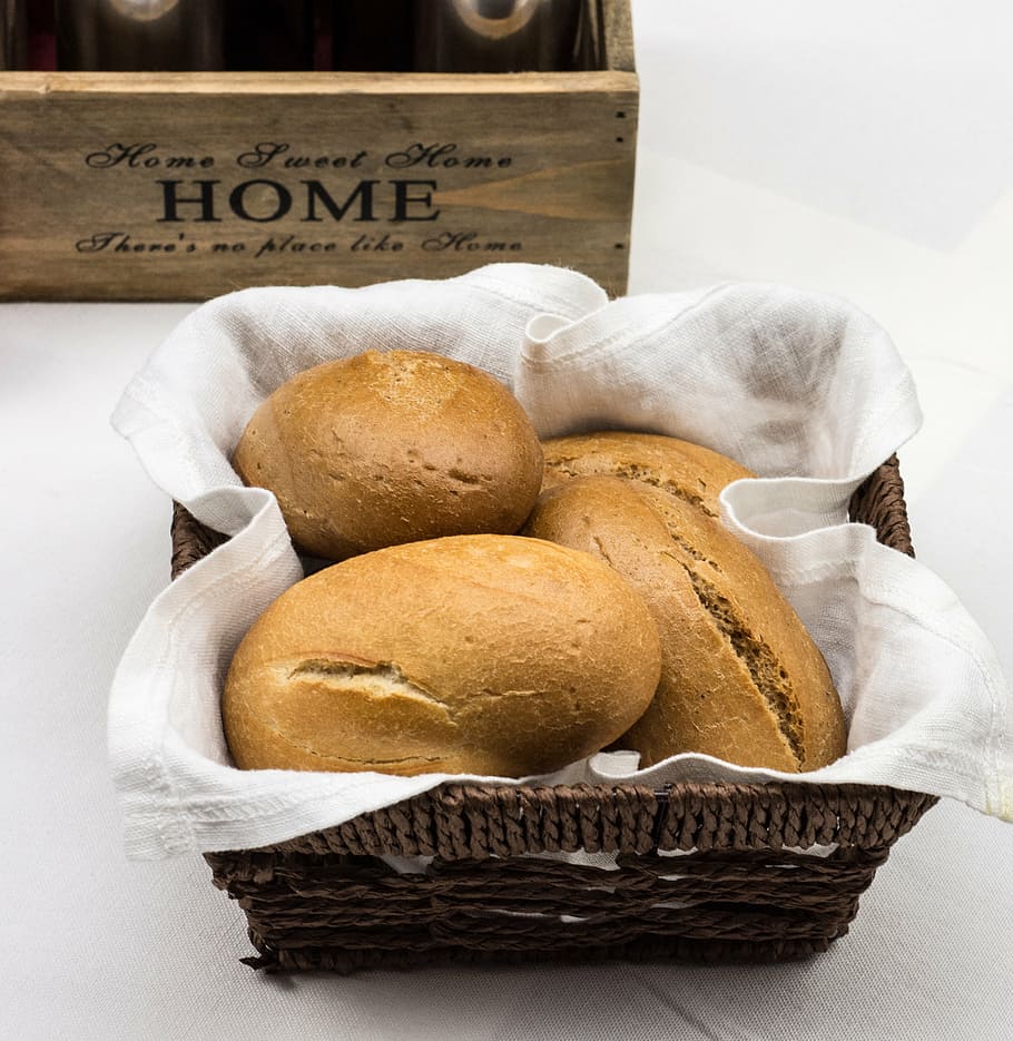 baked breads on basket, bakery, food, wheat, flour, pastry, breakfast, HD wallpaper