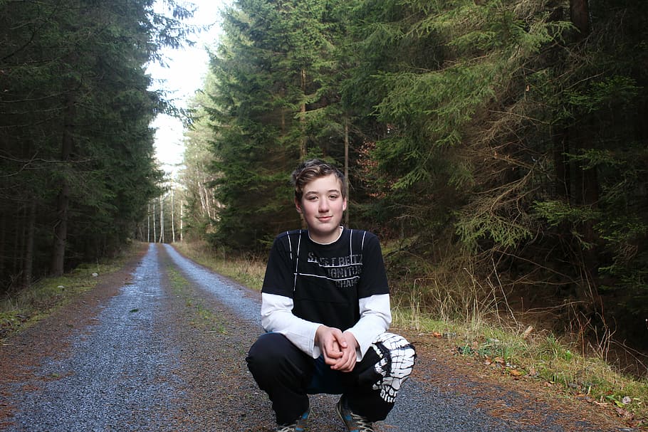 boy, forest, path, nature, trees, walk, friend, real people HD wallpaper