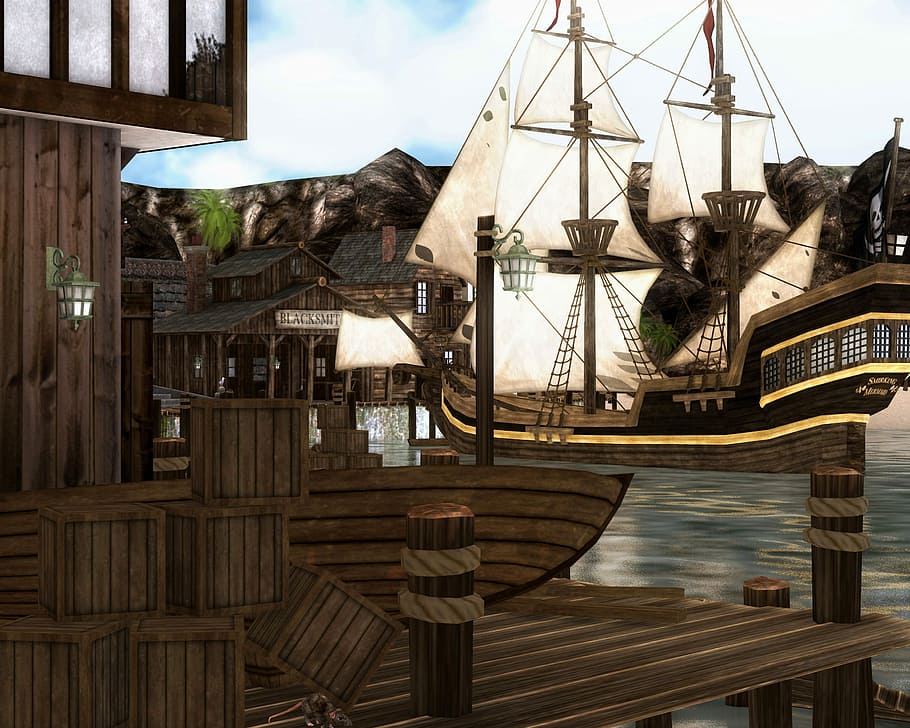 Pirate Town and Pirate Ship, boat, buildings, docks, public domain