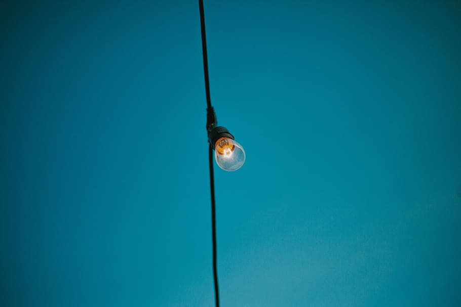 lighted bulb, shallow focus photography of clear LED bulb, blue HD wallpaper