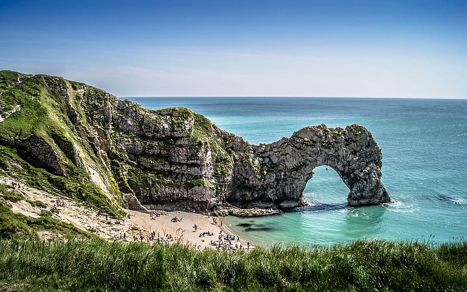 island surrounded by body of water, durdle door, cliffs, dorset HD wallpaper