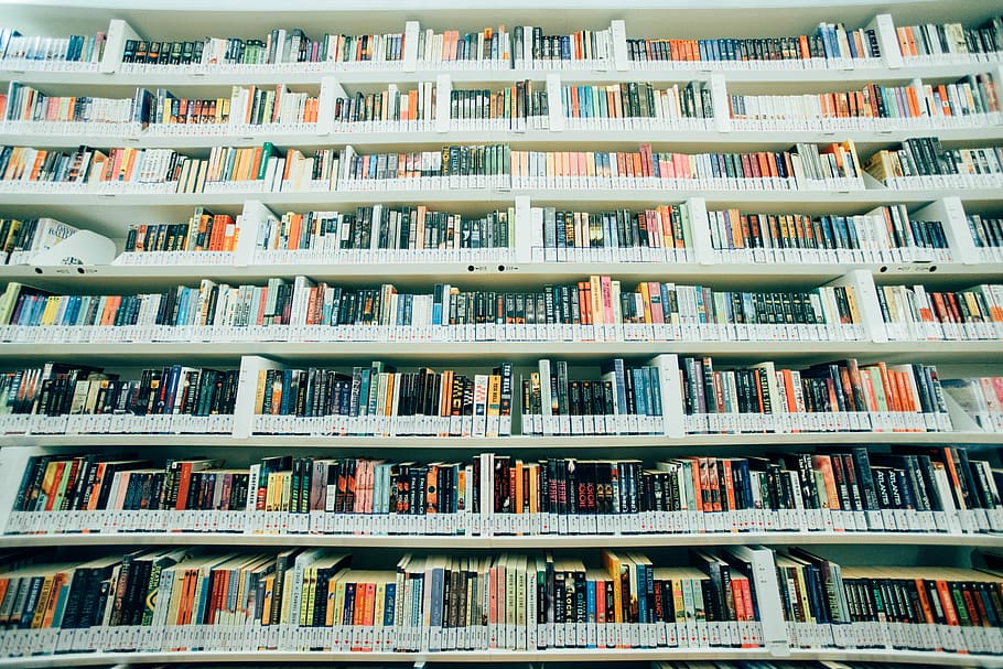 HD wallpaper: books on bookshelf, low angle photography of bookshelves