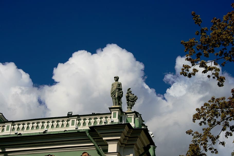 winter palace, corner, statue, clouds, white, blue sky, tree HD wallpaper