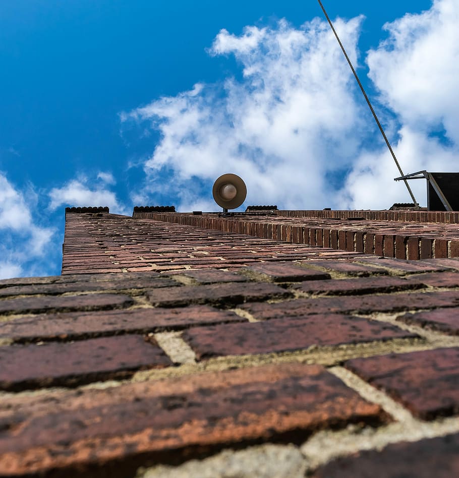 Wall, Brick, Masonry, Sky, red, bricks, blue, lamp, lantern HD wallpaper