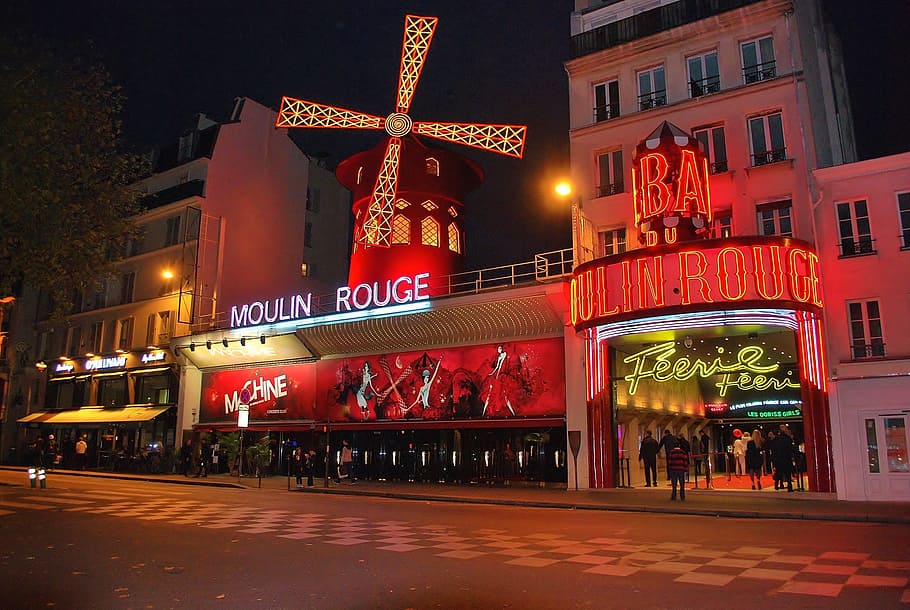 Moulin Rouge during night time, Paris, Red Mill, montmartre, landmark, HD wallpaper