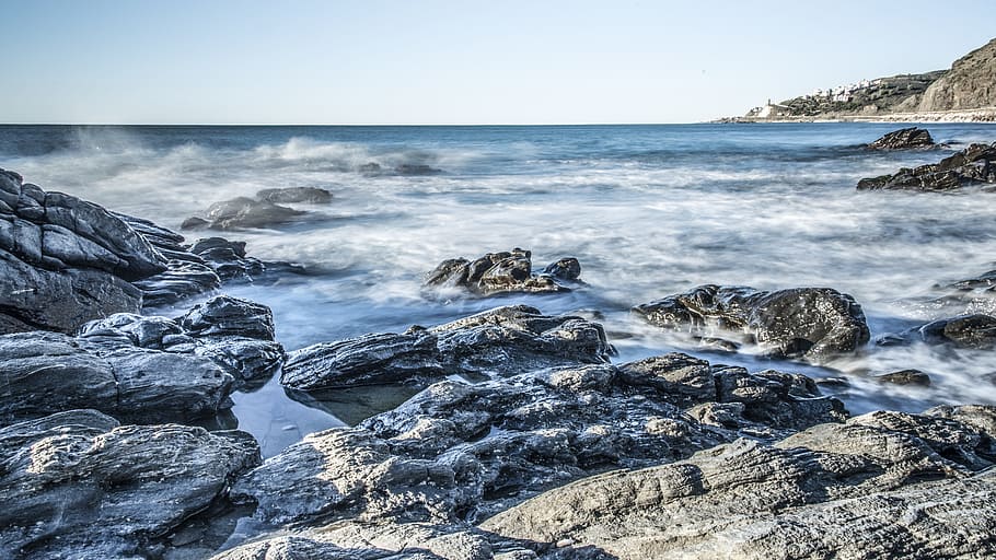 gray rocks by the sea, dawn, beach, guilche, nerja, malaga HD wallpaper