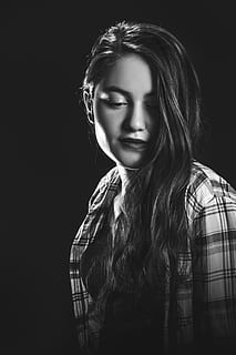 woman in plaid sport shirt grayscale portraiture photography HD wallpaper