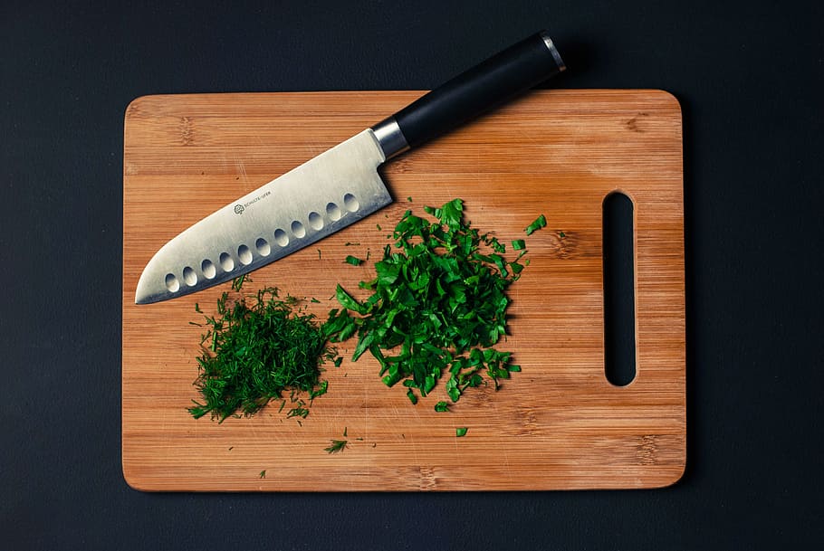 macro shot photography of chopped vegetables beside silver and black knife on brown wooden chopping board, HD wallpaper