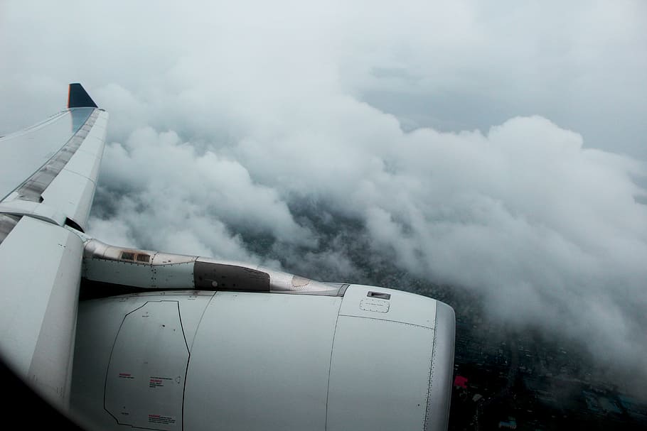 Yangon Cloudy Take Off, white plane's right wing above thick white clouds view from plane window HD wallpaper