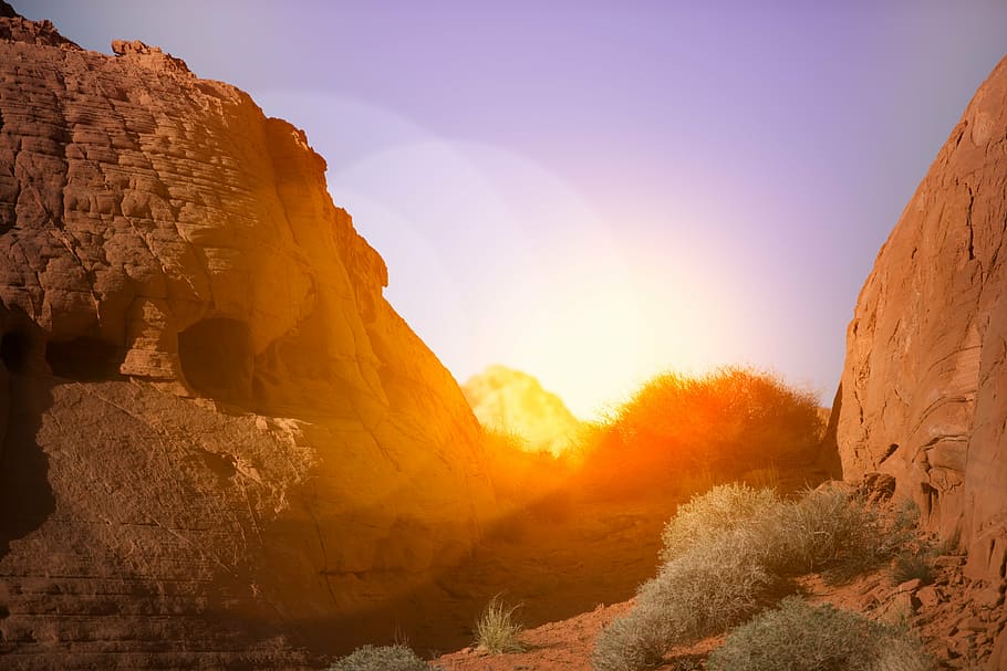 rock formation during golden hour, sunset, red, rocks, sunlight HD wallpaper