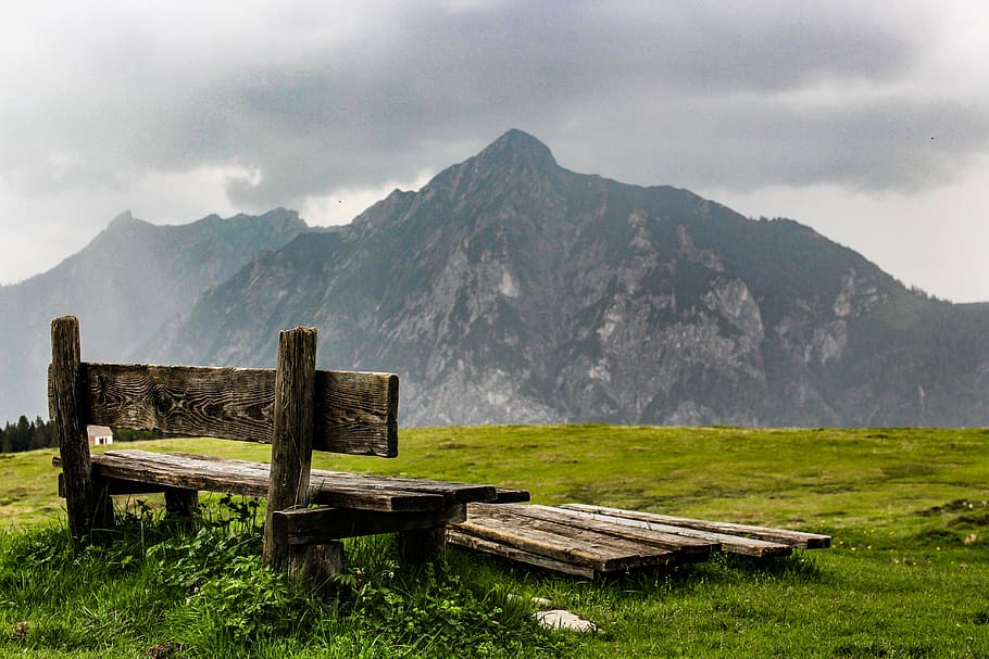 nature, mountains, beauty in nature, bench, scenics - nature HD wallpaper
