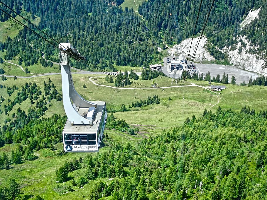 white cable car above green trees, mountain, alpine, nature HD wallpaper