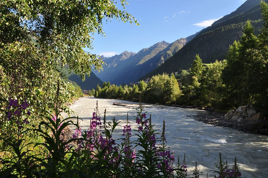 Mountains, River, Holiday, tree, nature, scenics, mountain range HD wallpaper