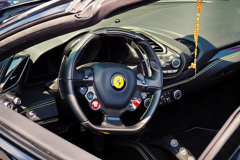 auto, sports car, luxury, ferrari, cockpit, steering wheel